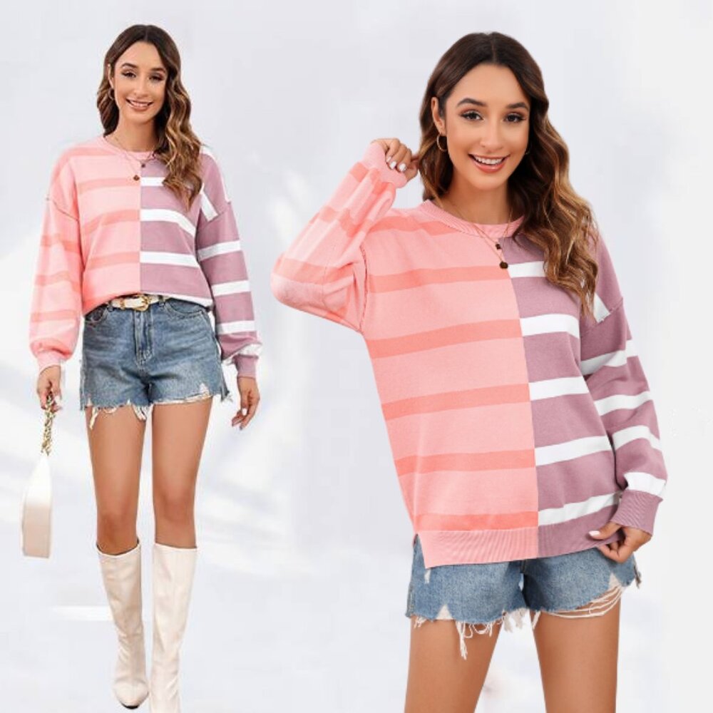 Colorblock Oversized Crew Neck Sweater - Purple